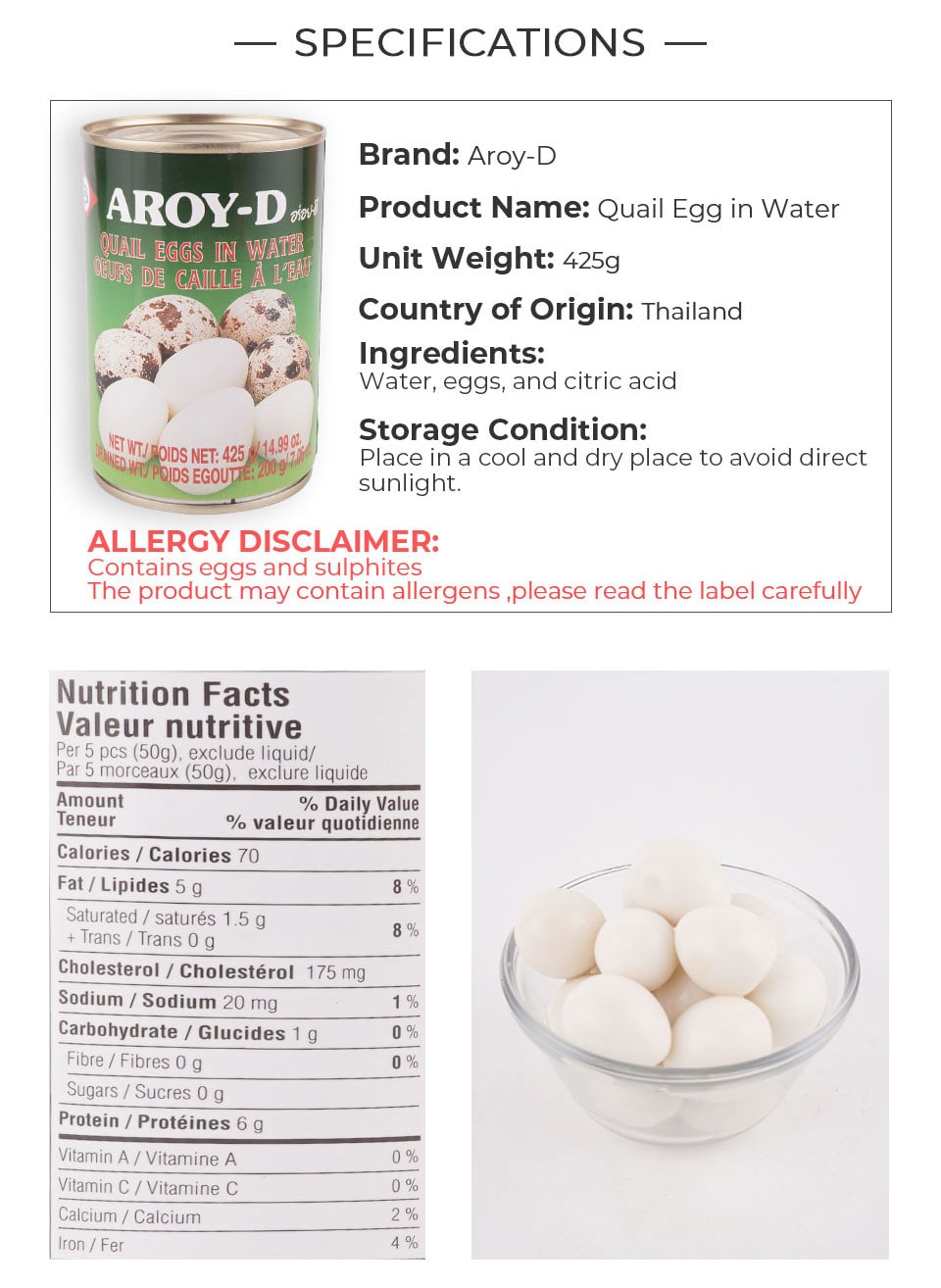 AroyD Canned Quail Egg In Water 425g T&T Supermarket