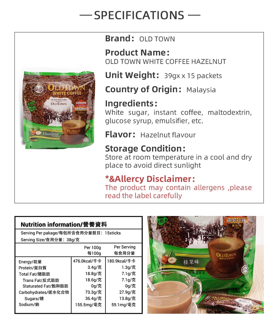 Old Town Hazelnut White Coffee 40gx15 packs T&T Supermarket