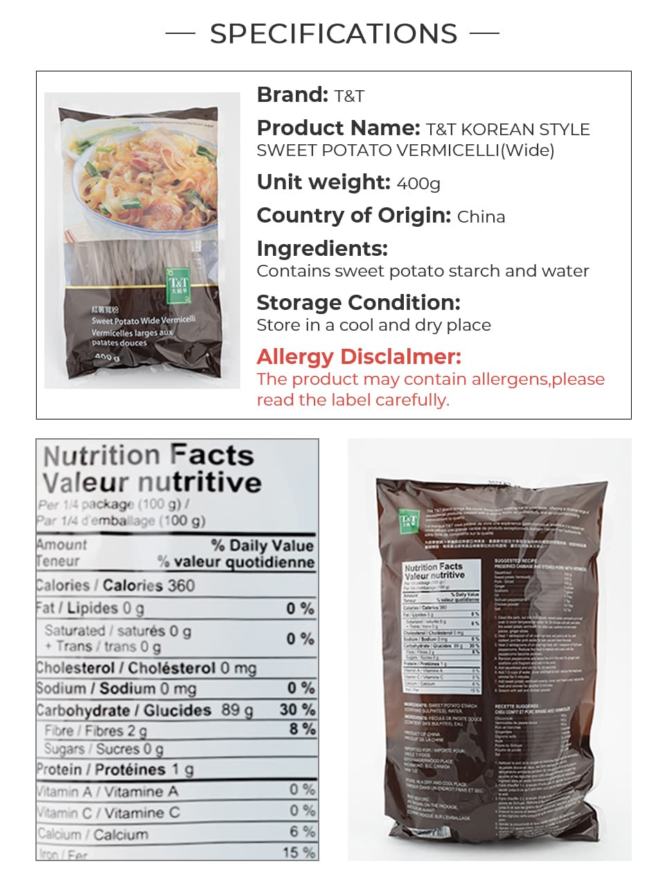 T&T Sweet Potato Vermicelli(Wide) 400g T&T Supermarket